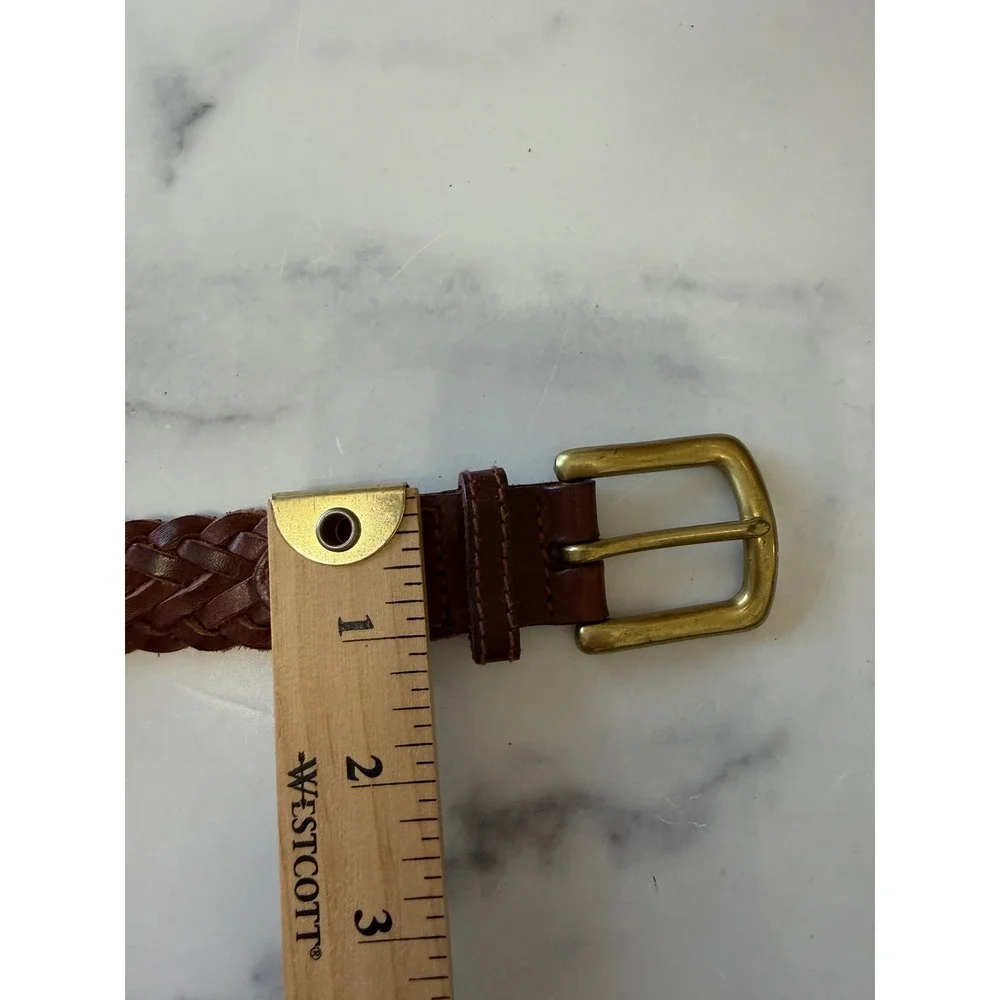 Vintage 90s Woven Braided Leather Belt Womens 30 Brown Solid Brass Equestrian